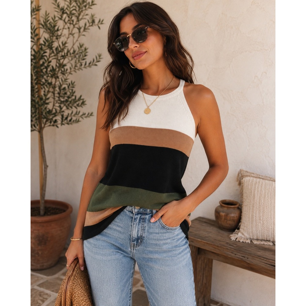 Colorblock High Neck Knit Sweater Tank Top Olive Tan Black Cream Large